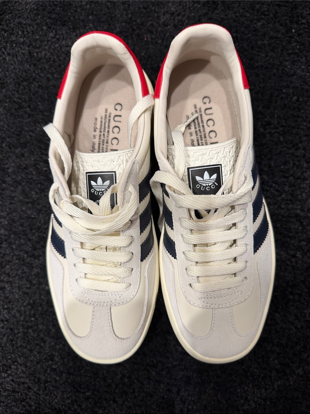 Gucci/Adidas White Leather Sneakers with Navy Stripes and Red Heel Accent
